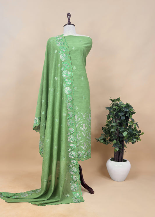 Green Raw Silk Suit Fabric With Gold Tissue Applique Work