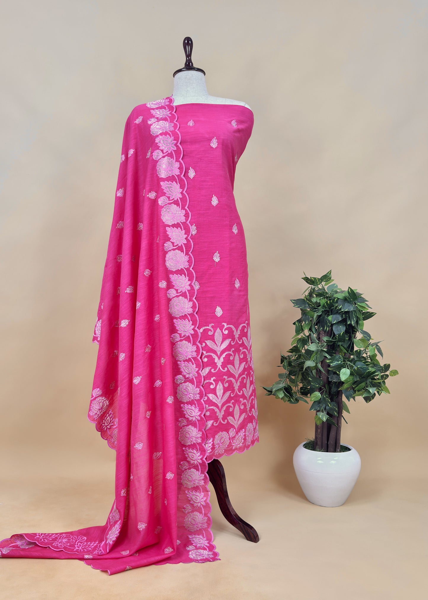 Pink Raw silk Suit Fabric With Gold Tissue Applique Work