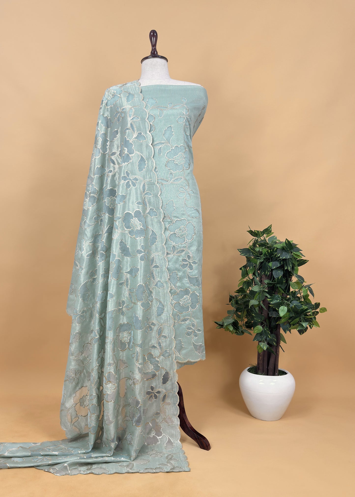 Grey Cutwork Tissue Silk Suit With Dupatta