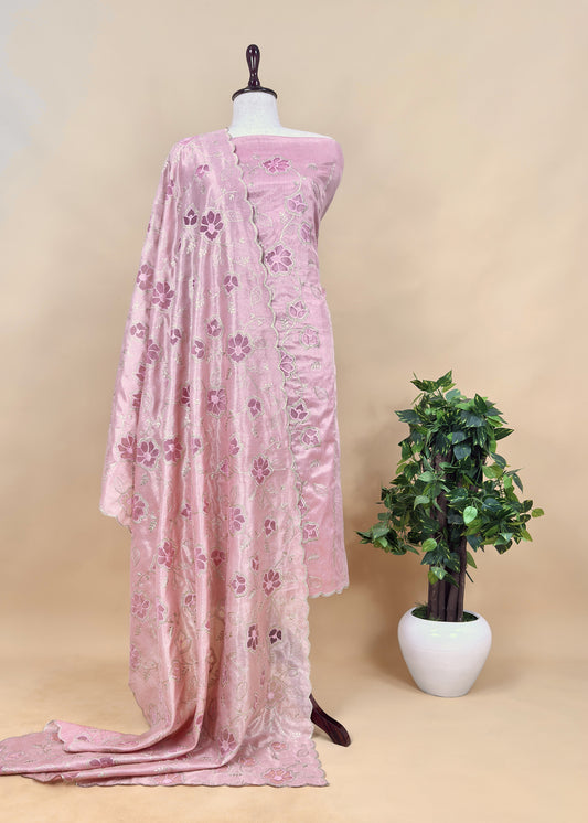 Pink Cutwork Tissue Silk Suit With Dupatta