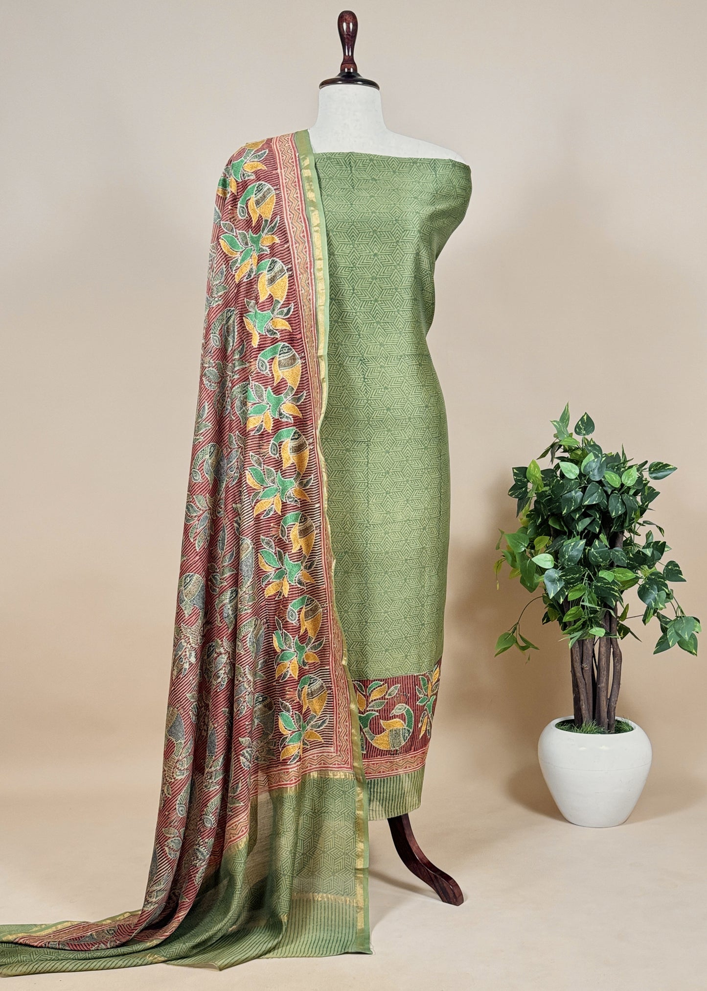 Mehndi Green Maheshwari Unstitched Suit With Kantha Work