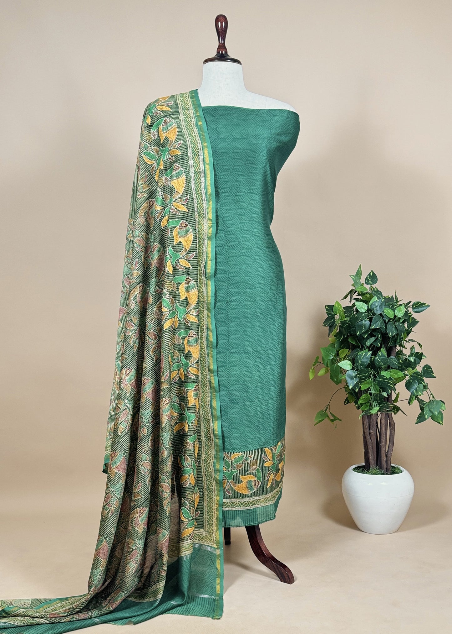 Mehndi Green Maheshwari Unstitched Suit With Kantha Work