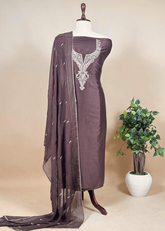 Walnut Brown Handloom Chanderi Unstitched Dupatta-suit with Aari Embroidery