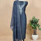 Oxford Blue Handloom Chanderi Unstitched Dupatta-suit with Aari Embroidery