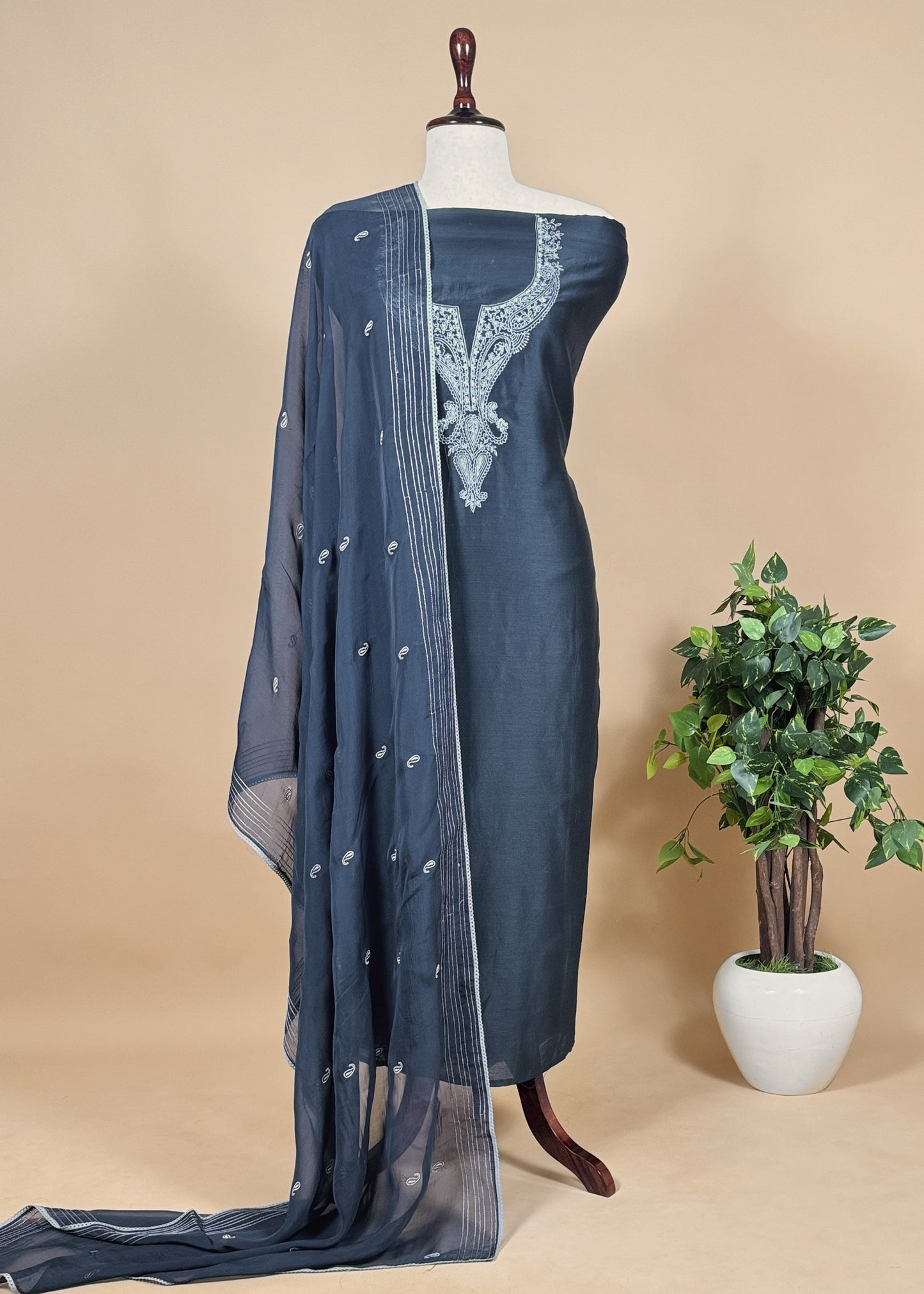 Oxford Blue Handloom Chanderi Unstitched Dupatta-suit with Aari Embroidery