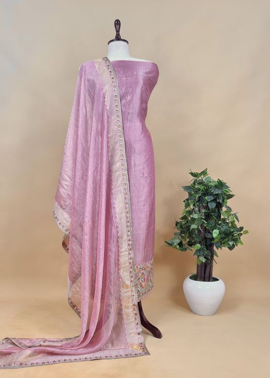 Baby Pink Unstitched Tissue Silk Suit With Dupatta