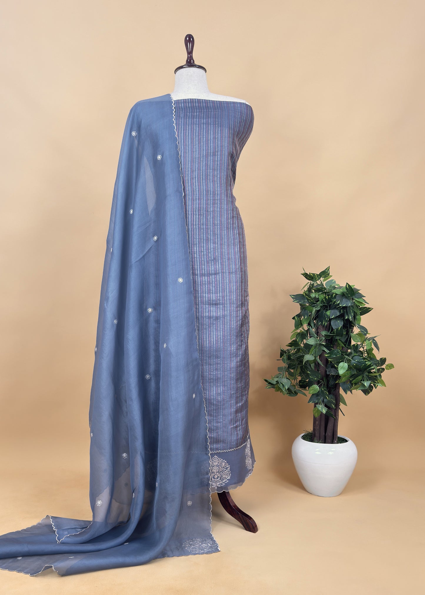 Blue Handloom Tissue Silk Suit with Pitta Handwork