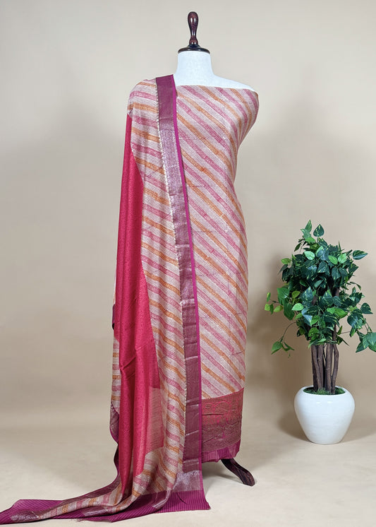 Handloom Banarasi Zari Weaving Maheshwari Silk Suits Set With Block Print