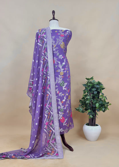 Red Organza Silk Suit Fabric With Multicolour Resham Zari Weaving