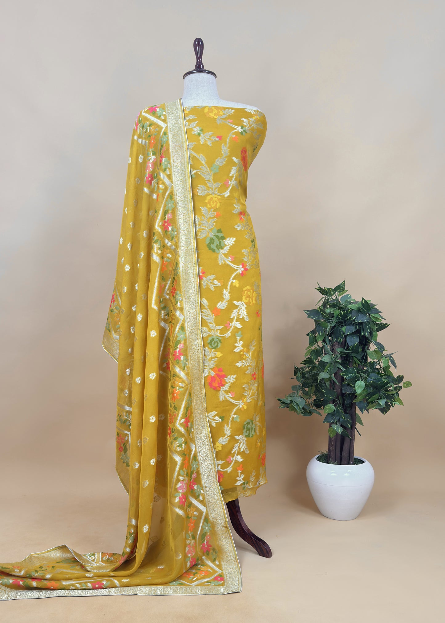 Red Organza Silk Suit Fabric With Multicolour Resham Zari Weaving