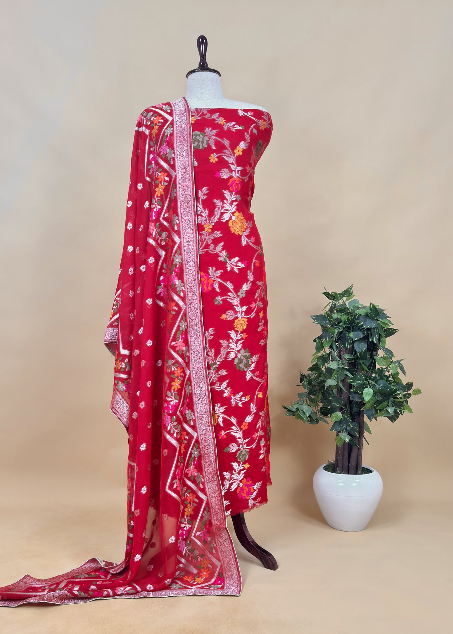 Red Organza Silk Suit Fabric With Multicolour Resham Zari Weaving