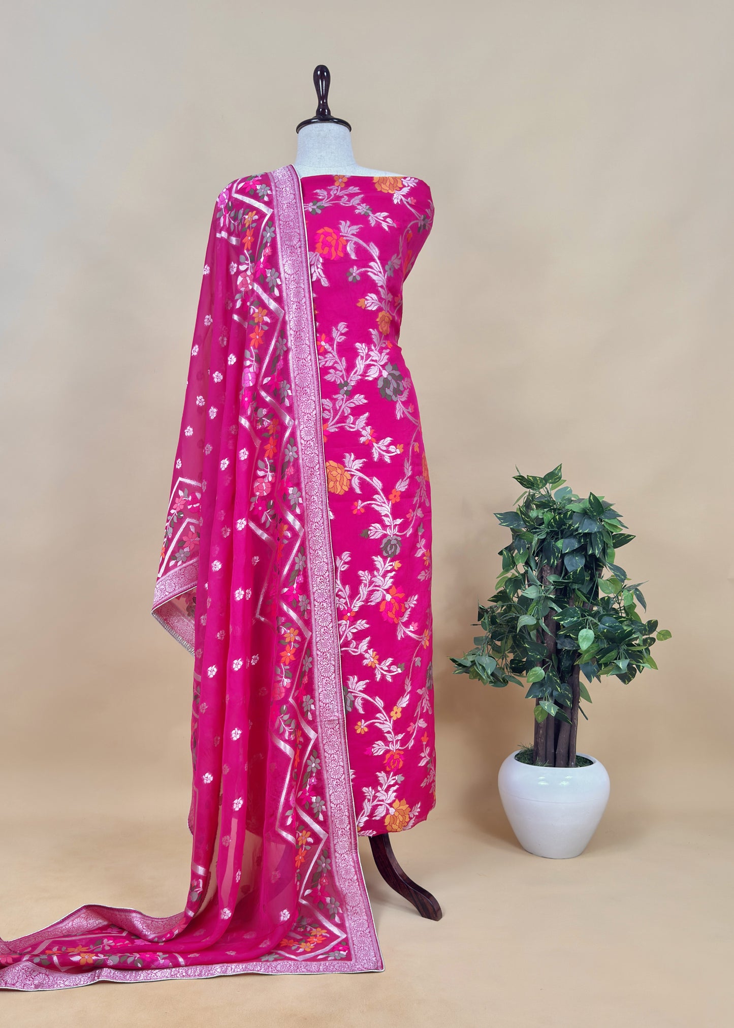 Red Organza Silk Suit Fabric With Multicolour Resham Zari Weaving