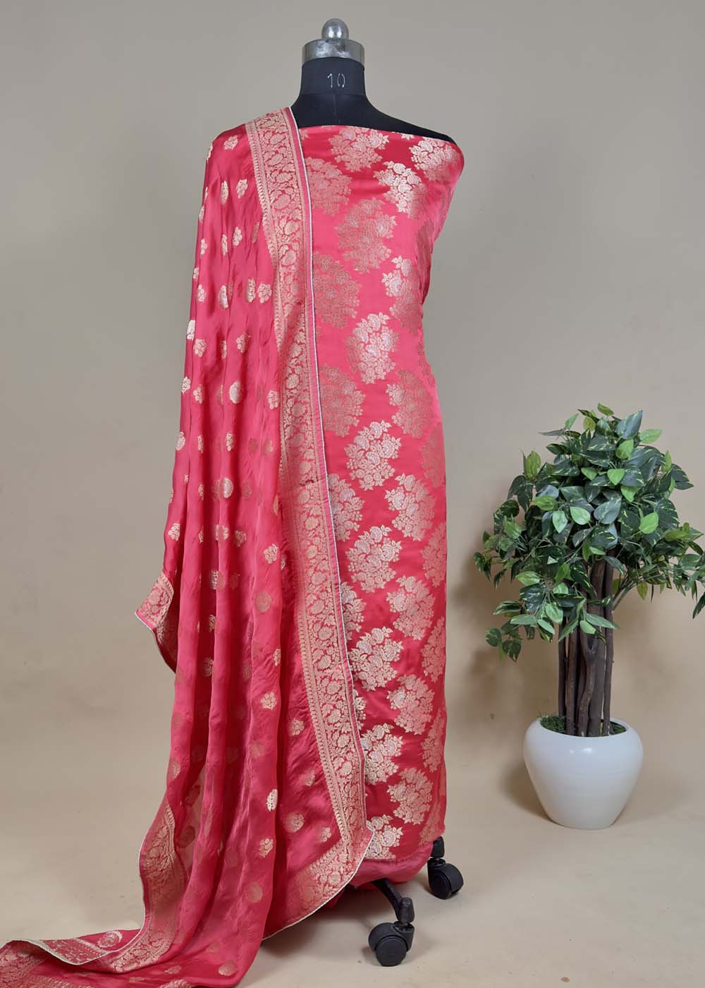 Beige Banarasi Organza Silk Suit With Resham Weaving