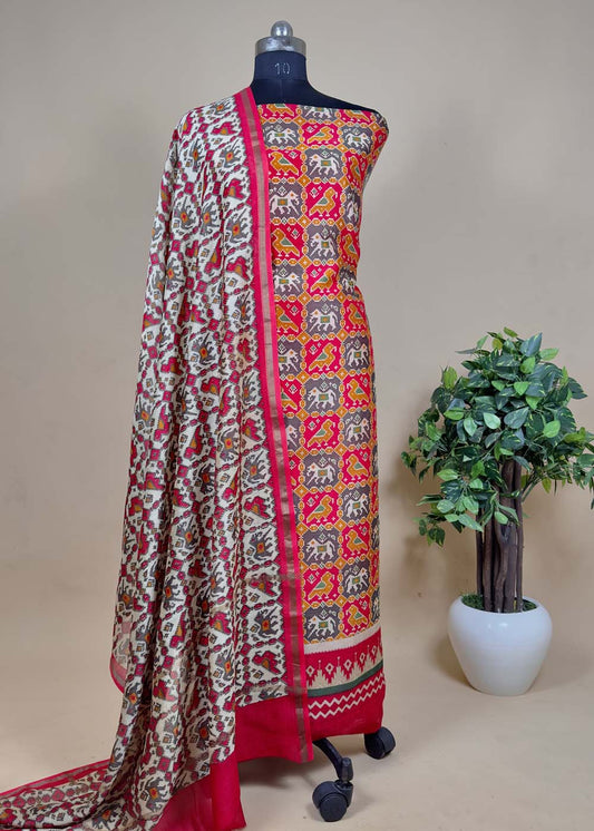 Red Patola Maheshwari Silk Suit Set