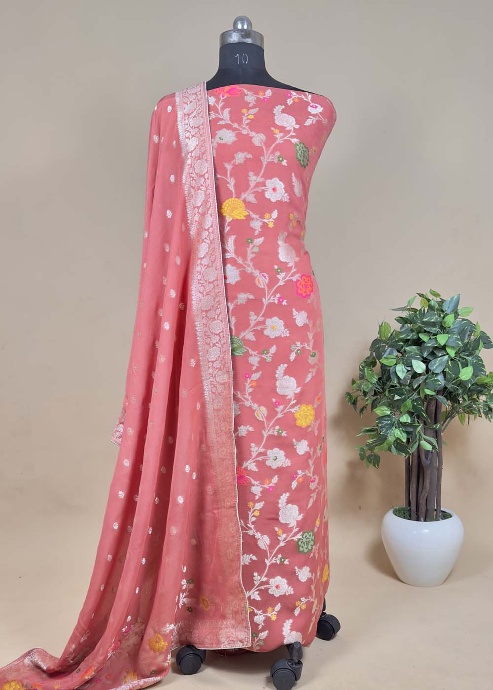 Red Banarasi Organza Silk Suit With Resham Weaving