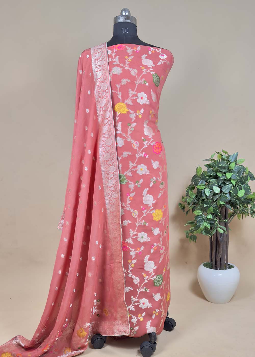 Beige Banarasi Organza Silk Suit With Resham Weaving