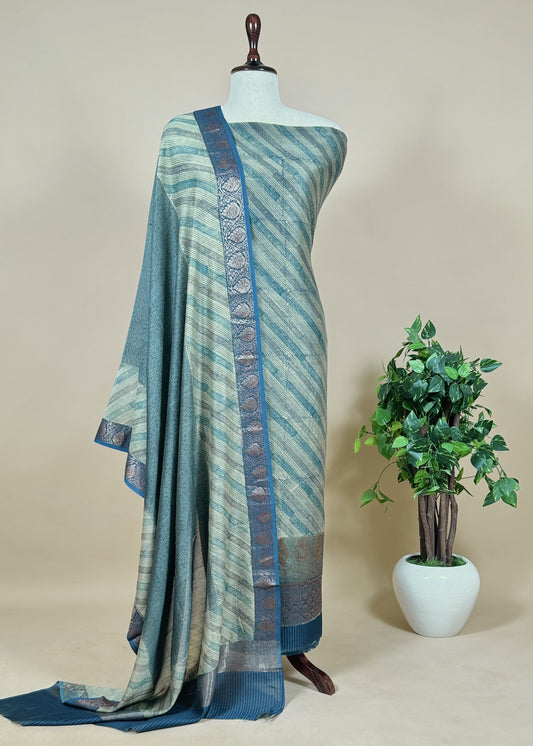 Blue Handloom Banarasi Zari Weaving Maheshwari Silk Suits Set With Block Print