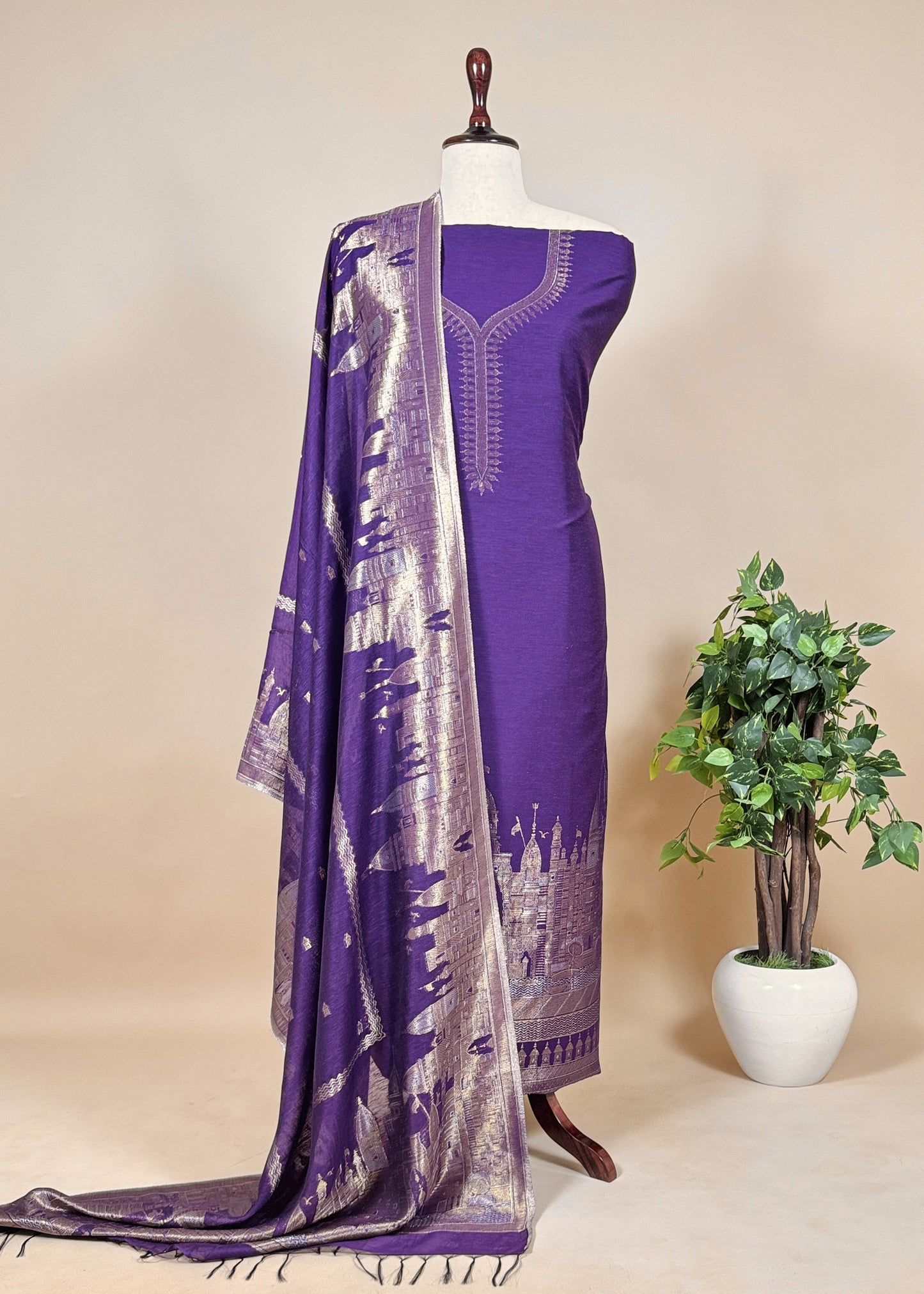 Purple Premium Cotton Silk Suit With Kani Zari Weaving