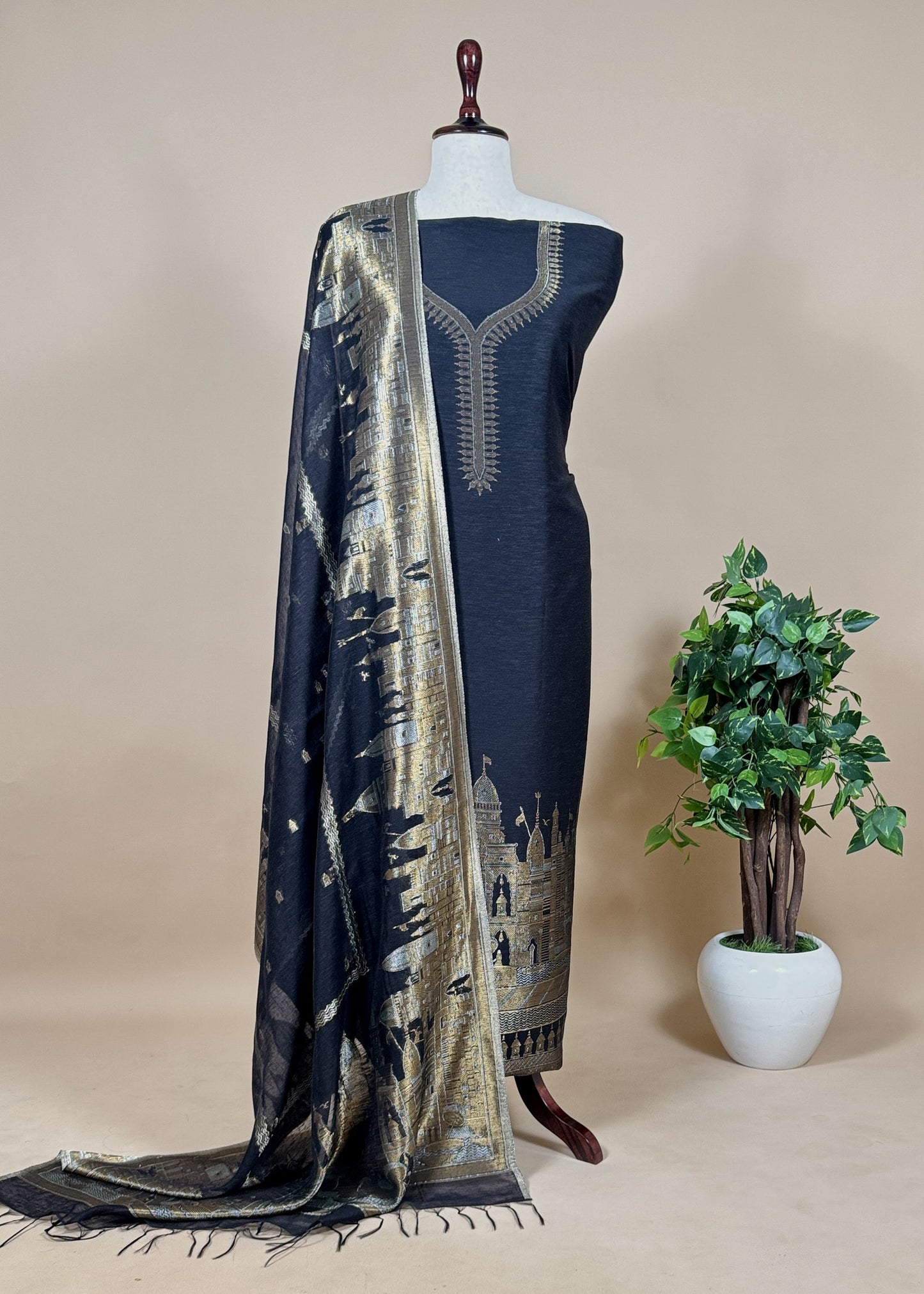 Black Handwoven Kani Silk Unstitched Suit