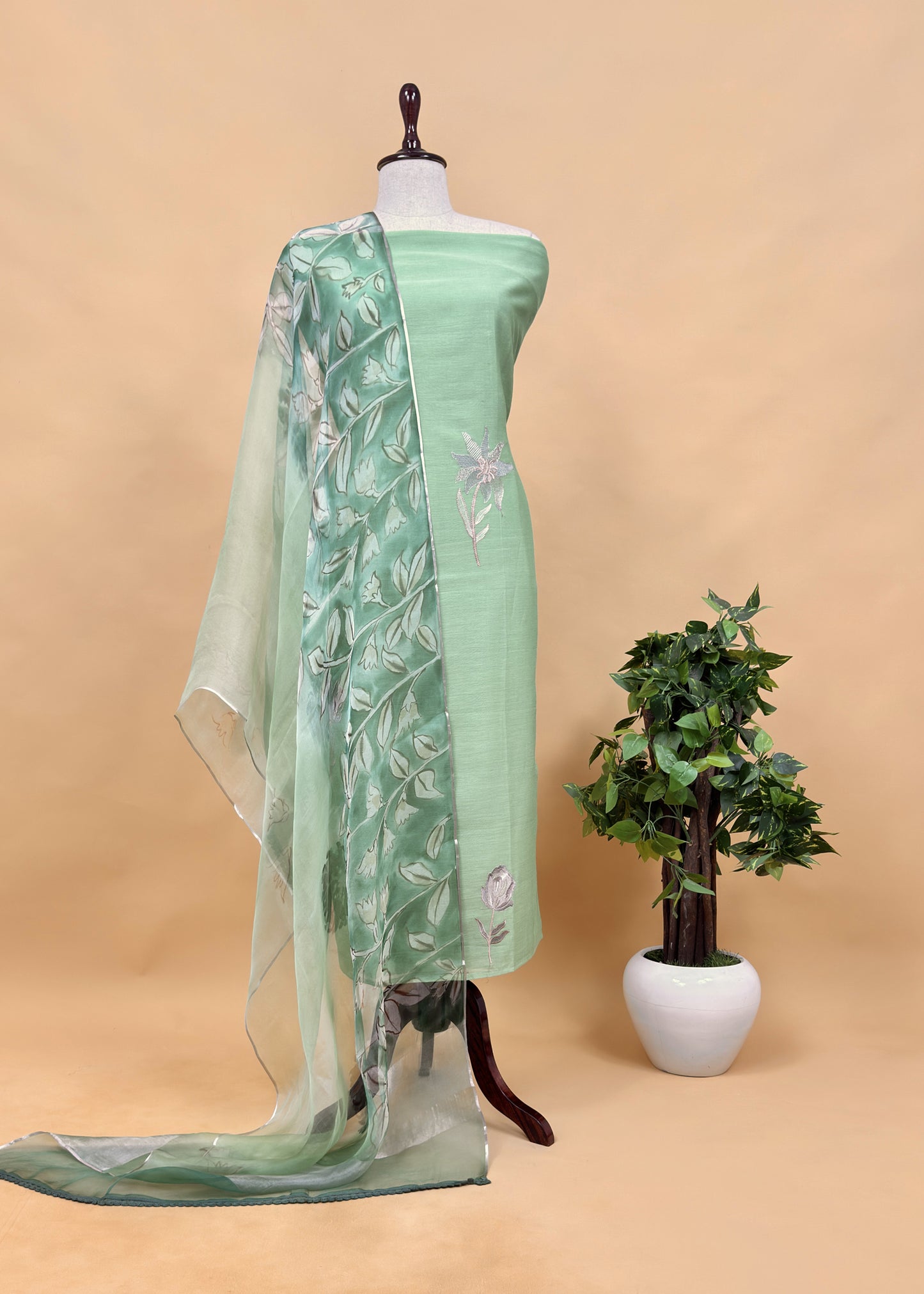 Beige Pure Mulmul Suit With Organza Dupatta