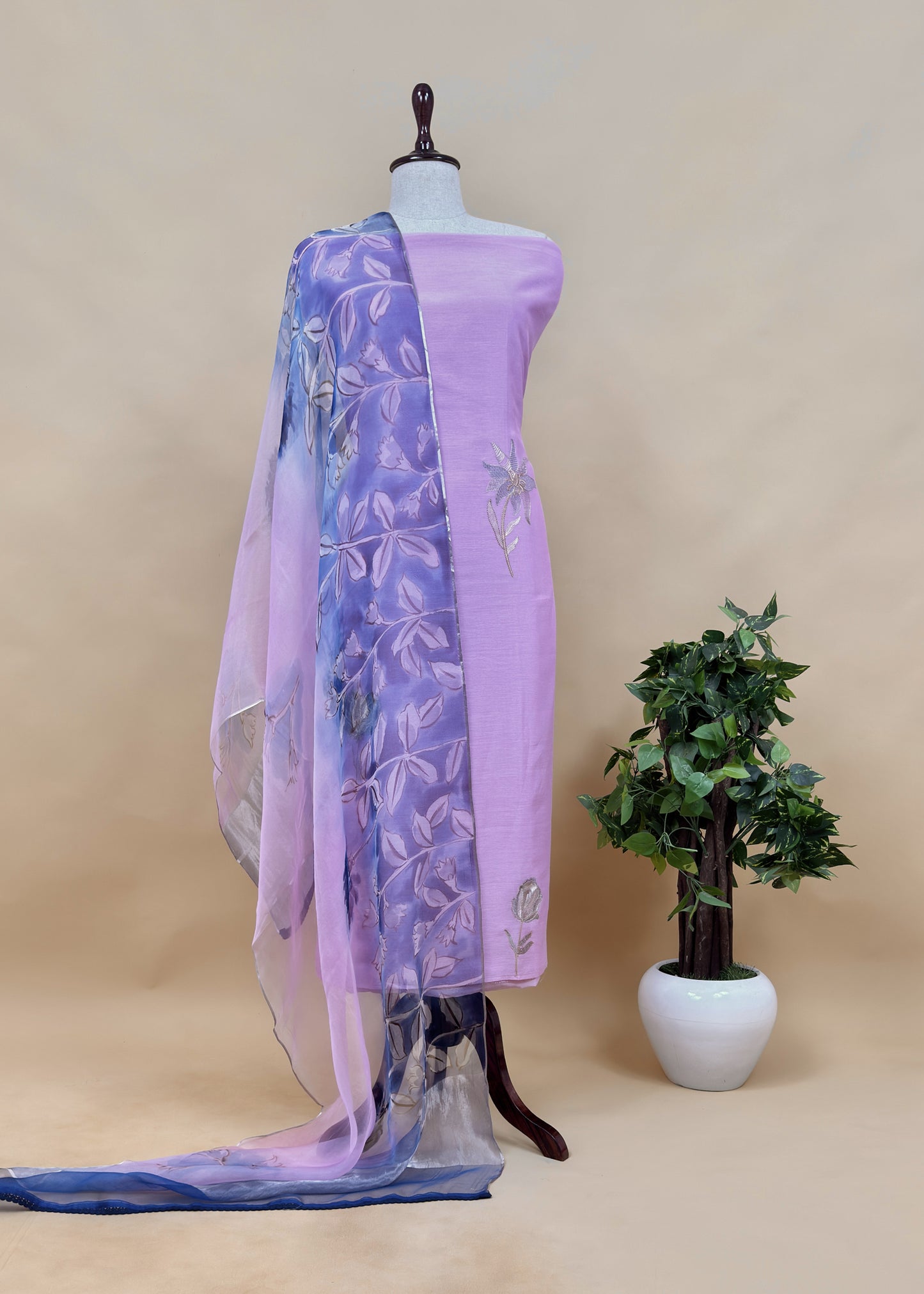 Beige Pure Mulmul Suit With Organza Dupatta