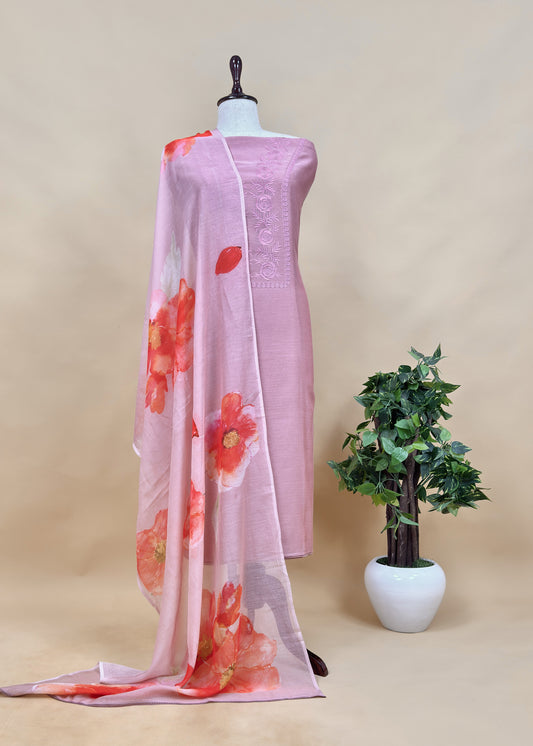 Pink Mulmul Embroidery Suit With Brushprint Dupatta