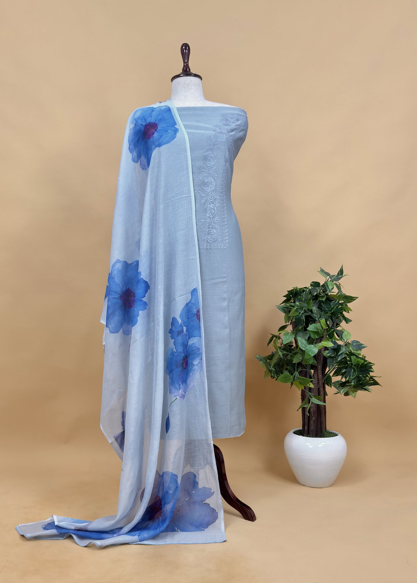 Pink Mulmul Embroidery Suit With Brushprint Dupatta