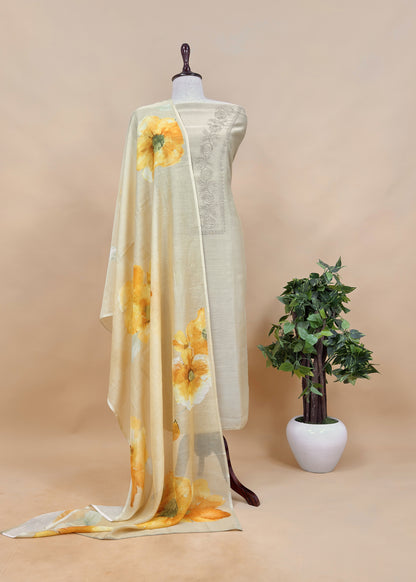 Yellow Mulmul Embroidery Suit With Brushprint Dupatta