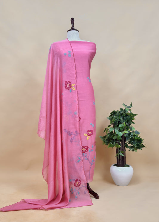 Salmon Pink Handloom Finest Mulmul Suit Fabric with Appliqué work