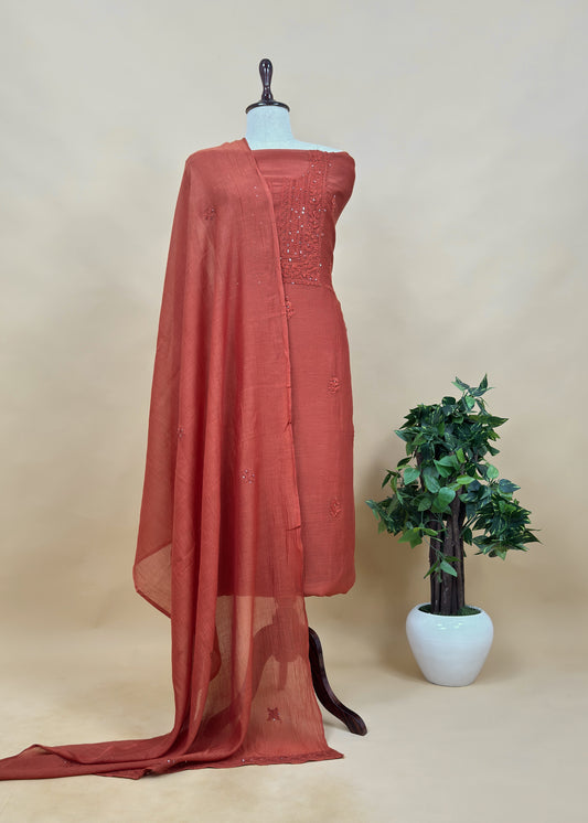 Rust Chikankari Mul Cotton Suit With Dupatta