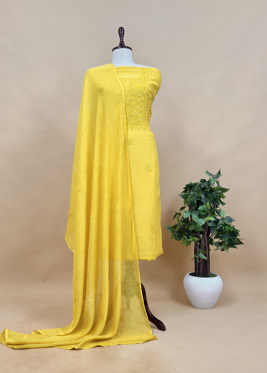 Yellow Chikankari Mul Cotton Suit With Dupatta