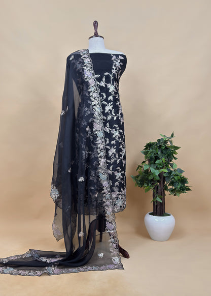 Yellow Handloom Organza Suit Set With Floral Appliqué And Pitta Handwork