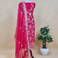Cherry Red Handloom Organza Suit Set With Floral Appliqué And Pitta Handwork