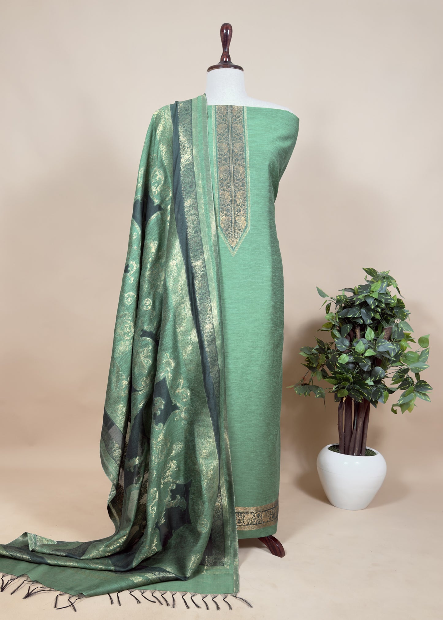 Green Handwoven Kani Zari Silk Unstitched Suit