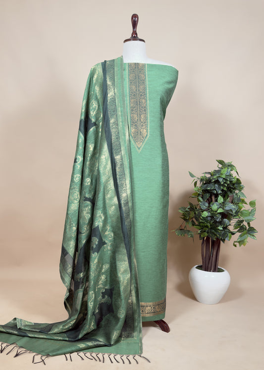 Green Handwoven Kani Zari Silk Unstitched Suit