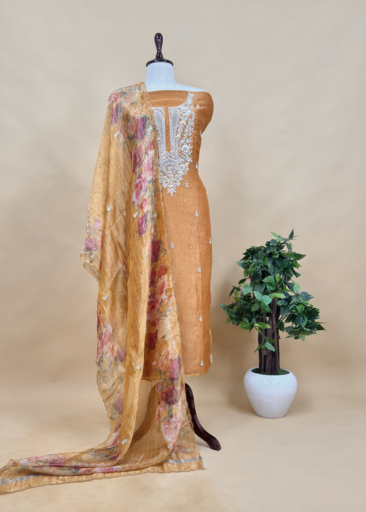 Gold Yellow Pure Crushed Tissue Kurta And Brush-Print Dupatta With Handwork