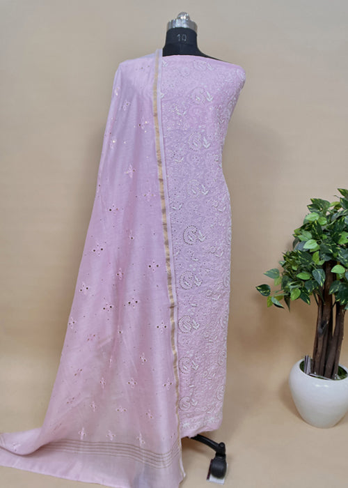 Pink Chanderi Silk With Handmade Lakhnavi
