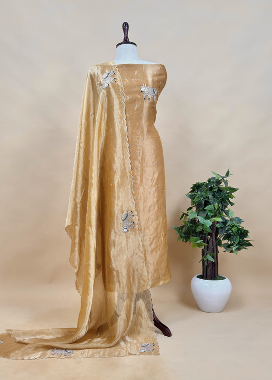 Yellow Handloom Tissue silk Suit fabric with Shikagarh bull Handwork