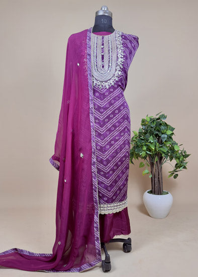 Purple Organza Unstitched Suit With Bandhani Print
