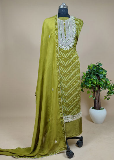 Green Organza Unstitched Suit With Bandhani Print