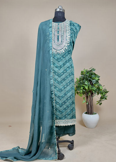 Rama Green Organza Unstitched Suit With Bandhani Print