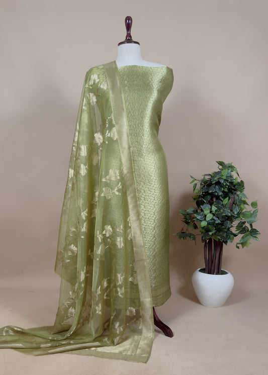 Green Brocade Kurta With Organza Dupatta