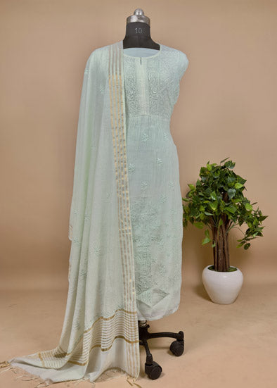 Green Lakhnavi Suit Mul Chanderi Dupatta