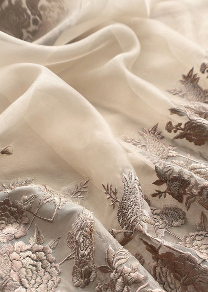 Beige Latte Handloom Kora Silk Unstitched Suit Fabric With Resham Parsi Embroidery
