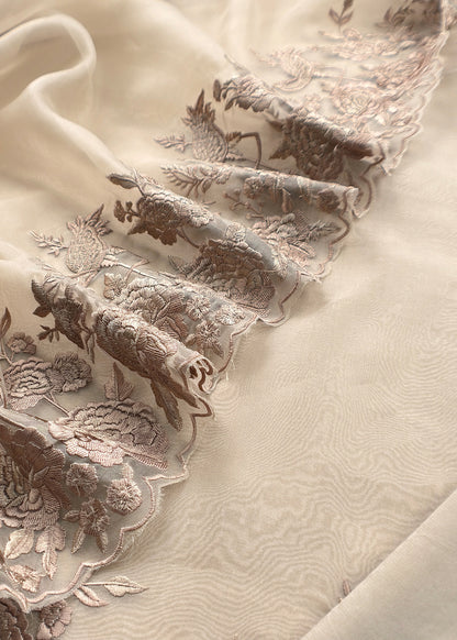 Beige Latte Handloom Kora Silk Unstitched Suit Fabric With Resham Parsi Embroidery
