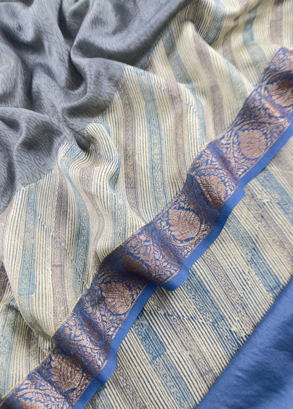 Blue Handloom Banarasi Zari Weaving Maheshwari Silk Suits Set With Block Print