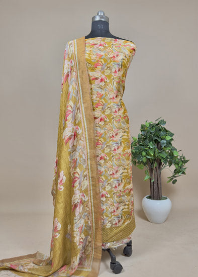 Golden Yellow Handloom Linen Silk Suit With Digital Print