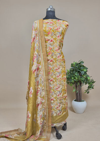 Red Handloom Linen Silk Suit With Digital Print