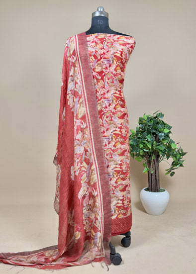 Pink Handloom Linen Silk Suit With Digital Print