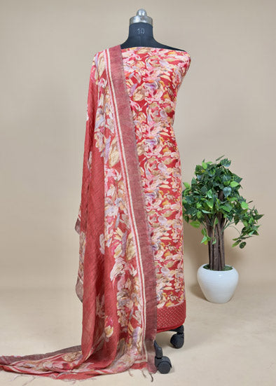 Red Handloom Linen Silk Suit With Digital Print